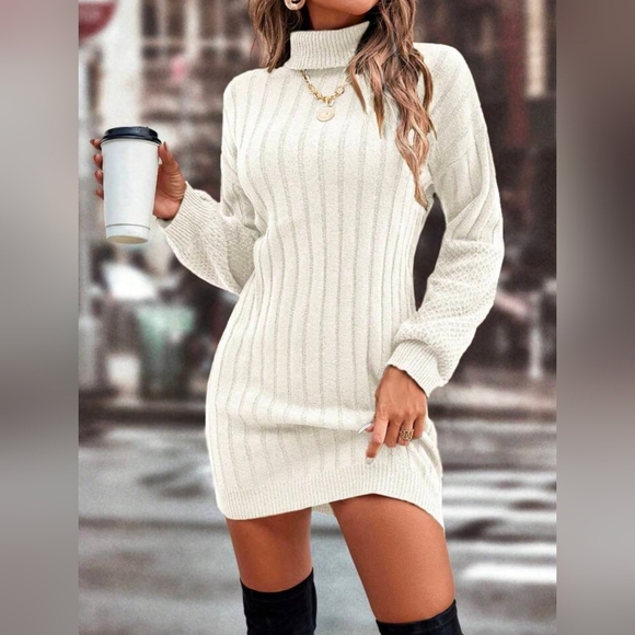 New Mixed Ribbed Knit Turtleneck Short Sweater Dress Long Sleeve Ivory Cream - Picture 2 of 9